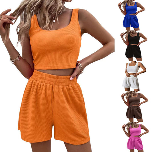 Womans Summer Crop Top And Elastic Shorts 2Pcs Set